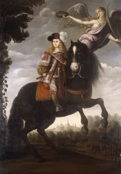 Ein Reiterporträt von König Karl II., ganzfigurig, in einem roten Mantel mit weißem Besatz, von einem Engel mit einem Lorbeerkranz gekrönt, Madrid in der Ferne