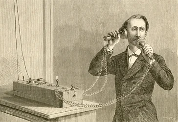 Ein frühes Telefon. Aus El Museo Popular, veröffentlicht in Madrid