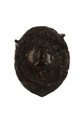 Geschnitzte Kokosnusspulverflasche, spanische Kolonialzeit, ca. 1800