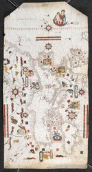 Karte des Mittelmeers und des Schwarzen Meers sowie eines Teils des Atlantiks, von den Britischen Inseln im Norden bis zu den Kanarischen Inseln im Süden; mit den Küstenlinien und den Namen der wichtigsten Städte auf Spanisch, von Jaume Oliues, Mallorqui