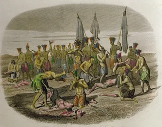 Tote Franziskanermissionare, zerstückelt und von karibischen Indianern verzehrt, die sie 1516 zu evangelisieren versuchten