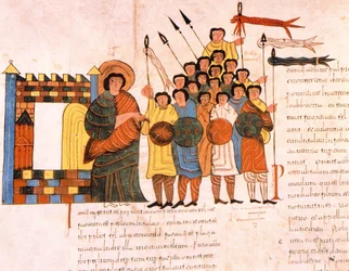 Aufbruch des Heeres König Davids in den Krieg, aus der westgotisch-mozarabischen Bibel des heiligen Isidor, fol. 131v, 960 n. Chr.