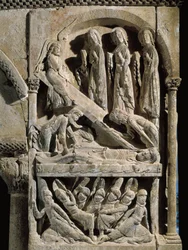 Kreuzabnahme Christi. Skulptur des Meisters von Saint Dominic de Silos (12. Jahrhundert). Relief auf Stein