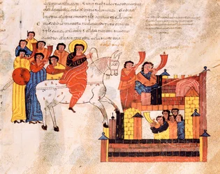 Einzug König Davids in Jerusalem unter Trompetenklang, aus der westgotisch-mozarabischen Bibel des heiligen Isidor, fol. 135r., 960 n. Chr.