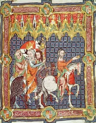Fol. 10r Alfons VII. (1105-57) und seine Gemahlin Berenguela von Barcelona werden zum Erzbischof geführt, aus einem Manuskript mit Darstellungen der Krönungen der Könige von Aragón und Kastilien