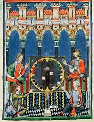 Vier arabische Backgammon-Spieler, aus dem Buch der Spiele, Schach, Würfel und Bretter, 1282