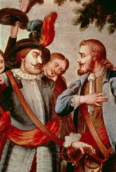 Hernando Cortes (1485-1547) und Diego di Velasquez (1465-1524) (Detail)