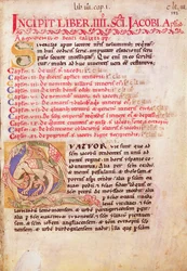 Historisierte Initiale „Q“ mit drei Drachen, erste Seite des Pilgerführers des heiligen Jakobus von Compostela, aus dem „Codex Calixtinus“