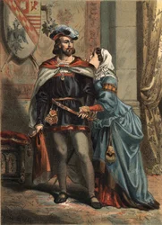 Johanna von Spanien, bekannt als La Folle (1479-1555), Königin von Kastilien und ihr Ehemann Philipp der Schöne (1478-1506), König von Spanien und Erzherzog von Österreich. In „El Culto de la Hermosura“ von Juan Justo Huguet, Molinas Hermanos editores