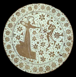 Dame spannt einen Bogen auf einen jungen Mann, dessen Hals von einem Pfeil durchquert ist. Fayence-Schale spanischer Produktion. 16. Jahrhundert