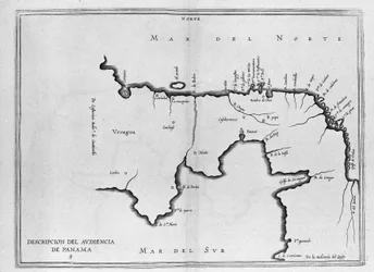 Karte von Mittelamerika (Panama) aus einem spanischen Reiseband aus dem frühen 17. Jahrhundert. Die Karte ist nach der alten Methode ausgerichtet (Nordosten nach Osten) und der Atlantische Ozean wird als Nordsee und der Pazifik als Südsee bezeichnet