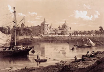 Sevilla, San-Telmo-Palast am Ufer des Guadalquivir. Andalusien, Spanien (19. Jahrhundert). Madrid, Nationalbibliothek.