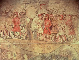 Soldaten aus der Armee von König Jakob I. (1208-76), eine Gruppe von Fußsoldaten mit Bögen und Lanzen (Detail)