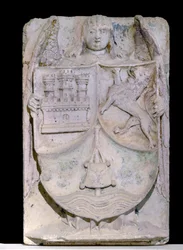 Spanisches Wappen des 14. Jahrhunderts: Wappen von Kastilien und León, der Pilgerstab erinnert an den heiligen Jakobus von Compostela, aufbewahrt in der Zisterzienserabtei von Fontenay, Burgund