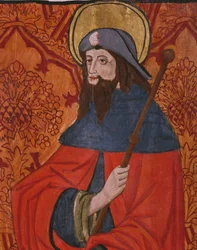 St. Jakobus der Ältere, (Detail), Tafel aus der Kirche San Andres von Tortura, spätes 15. Jahrhundert - frühes 16. Jahrhundert (bemaltes Holz)