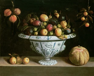 Stillleben mit Früchten in einer blau-weißen Schale, ca. 1630
