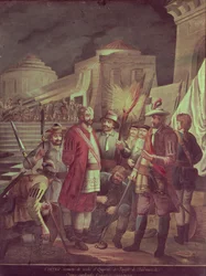 Die Eroberung Mexikos: Hernando Cortes (1485-1547) greift nachts den Bezirk von Panfilo Narvaez an