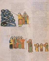 Der Durchzug durch das Rote Meer und der Tanz der hebräischen Frauen zum Klang der Tamburine von Moses und seinen Begleitern, aus der Westgotisch-Mozarabischen Bibel von St. Isidores, fol.39., 960 n. Chr. (Tempera auf Pergament)