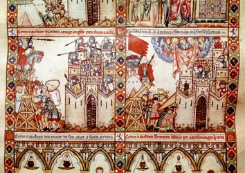 Die Sarazenen belagern eine christliche Stadt. Detail einer Seite aus einem Manuskript des Liedes von der heiligen Maria (Cantigas de Santa Maria), Miniaturen, die der heiligen Maria und ihren Wundern gewidmet sind, eine Sammlung von Liedern, verfasst unte