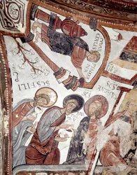 Der Zyklus der Monate: ein Diener bietet den Aposteln (St. Andreas, St. Bartholomäus und St. Philippus) ein Getränk an. Detail eines Freskos aus dem 12. Jahrhundert im Königlichen Pantheon der Real Colegiata von San Isidoro