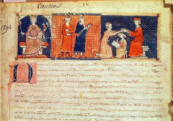 Der Feudalherr predigt seine Predigt vor dem König von Mallorca, Jakob I. (1207-76) aus dem Capbreu de Clayra et de Millas, 1292