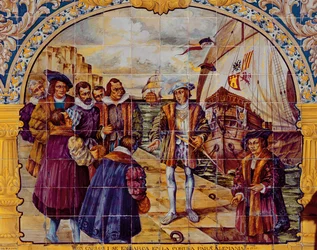 Fliesen, die König Karl I. von Spanien zeigen, wie er sich 1520 im Hafen von La Coruna auf die Annahme seiner Wahl zum Heiligen Römischen Kaiser vorbereitet (Keramik)