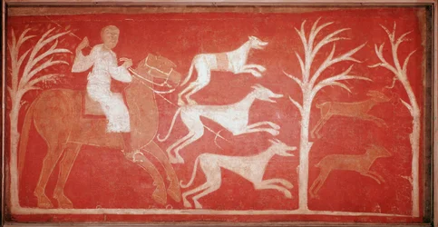 Jagdszene, die Hunde zeigt, die Wild nachjagen. 1150. Fresko aus der Einsiedelei von Baudelio de Berlanga, Soria. Im Prado-Museum aufbewahrt.