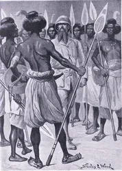 Der Krieger, den Burton in Somaliland traf, Illustration aus Cassells Romance of Famous Lives, ca. 1940