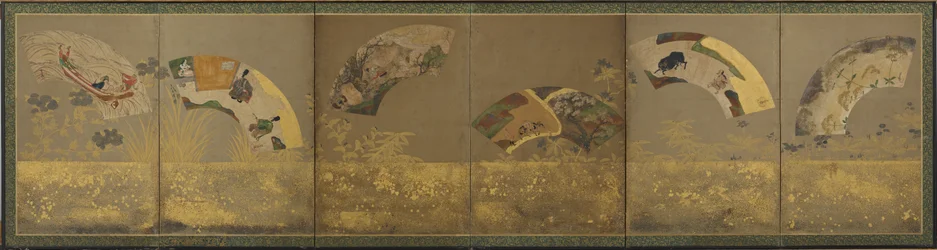 Sechs Fächerpapiere: verschiedene Motive, Momoyama- oder Edo-Periode, 1590-1640