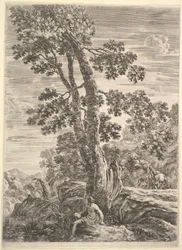 Ein Fischer in der Mitte nach links gewandt und an einen großen Baum gelehnt, eine Frau geht..., ca. 1652-57