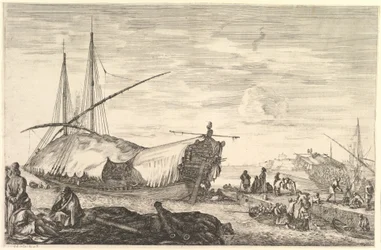 Eine Galeere mit Segeln nach links, sechs Kanonen und vier Personen im Vordergrund, ca. 1652-57