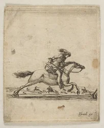 Ein Reiter mit Schwert in der Hand galoppiert nach rechts, andere Reiter galoppieren, ca. 1645-46