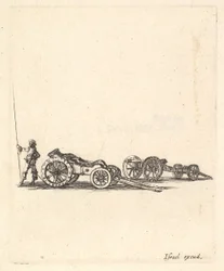 Ein Mörser und eine Kanone, beide auf Lafetten montiert, ein Soldat von hinten gezeigt, ca. 1638-43