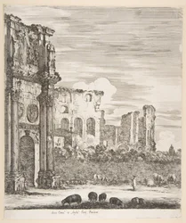 Konstantinsbogen und Kolosseum mit weidenden Schafen im Vordergrund, aus Sechs große Ansichten, 1656