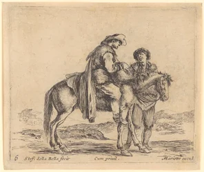 Bauer auf einem Pferd, im Profil nach rechts, hinter dem Pferd ein zweiter, stehender Bauer