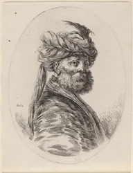 Bärtiger Mohr in einem gefiederten Turban mit Schleier, nach rechts gewandt, 1649-1650