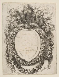 Kartusche gekrönt von Helm und Leoparden, 1647