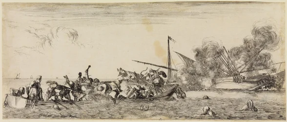Frieden und Krieg (Et pace et bello): Seeschlacht mit Ruderboot im Vordergrund