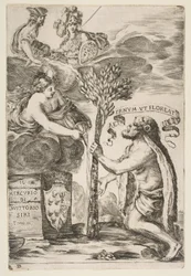Frontispiz für Il Mercurio, III: Herkules pflanzt seine Keule, 1652