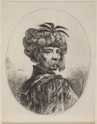 Mohr mit einem von fünf Federn geschmückten Turban