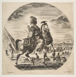 Maurischer Reiter im Profil nach rechts, im Hintergrund eine Pyramide links, viele Figuren, ca. 1651