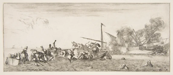 Seeschlacht, ein Ruderboot voller Menschen kämpft mit Musketen nach links, Menschen ertrinken..., um 1641