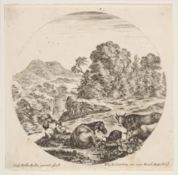 Tafel 10: ein liegendes Pferd in der Mitte, eine Kuh und zwei Ziegen rechts, zwei sitzende Schäfer..., ca. 1646