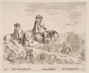 Platte 10: zwei Reiter steigen links einen Berg hinab, ein weiterer Reiter rechts..., ca. 1644-47