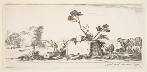 Blatt 12: Ein sitzender Zeichner links, ein stehender Schäfer rechts neben ihm, Ruinen im Hintergrund, ca. 1641