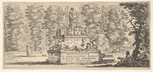 Platte 1: ein Denkmal mit Statuen und einem Wappen in der Mitte, ein Zeichner auf dem..., ca. 1641