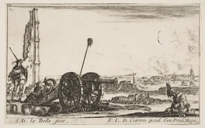 Tafel 2: Eine Kanone links, eine Stadt im Hintergrund, aus Verschiedene militärische Capric...
