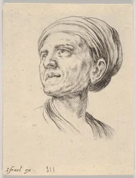 Platte 4: Kopf einer alten Frau mit Haube, nach links blickend aus Verschiedene Köpfe und Figuren, 1650