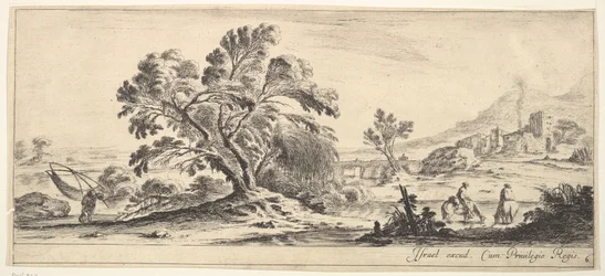 Ein Fischer trägt ein Netz nach links, zwei Reiter in einem Bach rechts, ein Baum..., ca. 1641