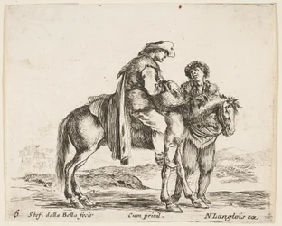 Platte 6: ein Bauer zu Pferd im Profil nach rechts gewandt, hält einen Korb